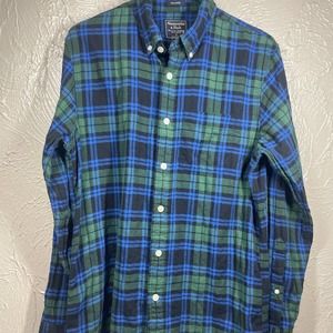 Abercrombie & Fitch Blue Green Relaxed Fit Cotton Flannel Plaid Shirt Mens Small